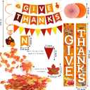 Famoby GIVE THANKS Hanging Banner Porch Sign Autumn Pumpkin Maple Leaf Backdrop Flag Banner Paper Fan&Swirls for Thanksgiving Party Decorations
