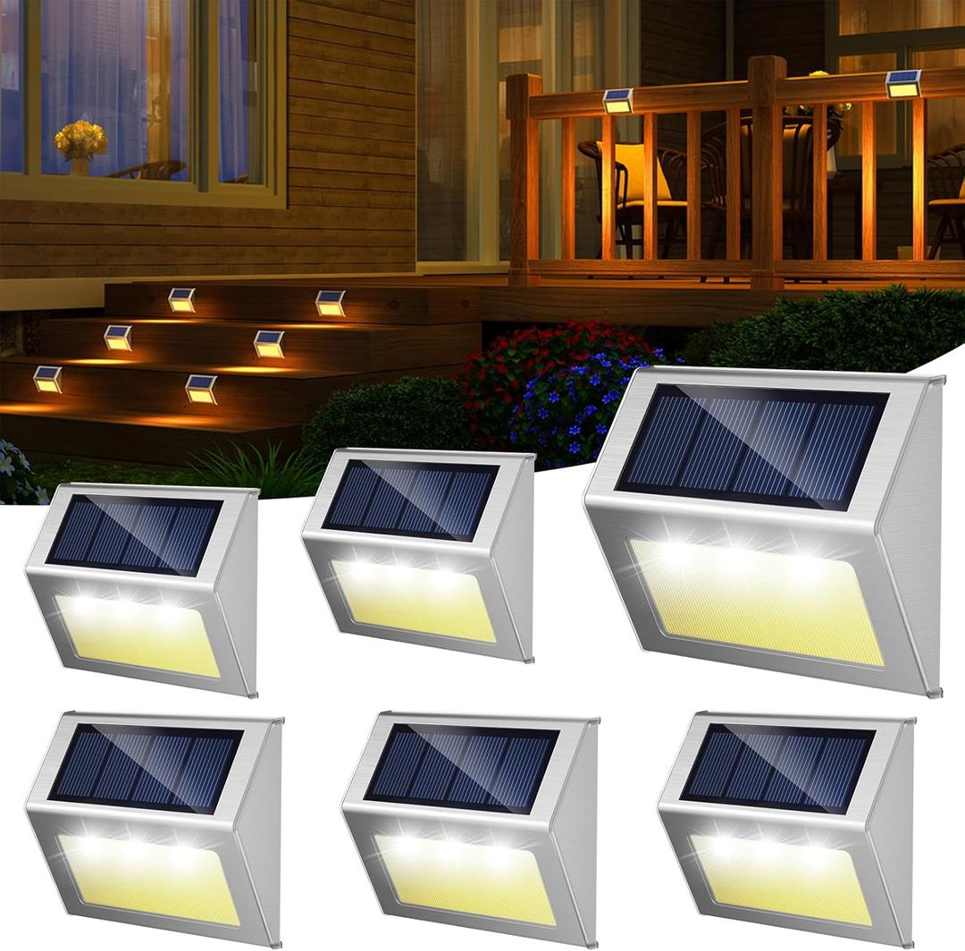 JSOT Solar Fence Lights - Solar Lights Outdoor Waterproof, Outdoor Light Deck Light for Outside Garden Backyard Patio Yard Wall Stair Step Post 3LED Lighting, Warm Light, 6 Pack