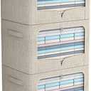 FHSQX 3 Pack Clothes Storage Bins - Foldable Metal Frame Storage Box - Stackable Linen Fabric Container Organizer Set with Carrying Handles and Clear Window (Beige, 19.7x15.7x13inch(66L))