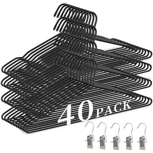 40Pack Heavy Duty Thickened and Reinforced Metal Hangers+5 Clothes Pins, Non-Slip Black Metal Hangers, Weight Capacity 50 lbs, Heavy Duty Hanger for Coats, Suits, Shirts, Dresses
