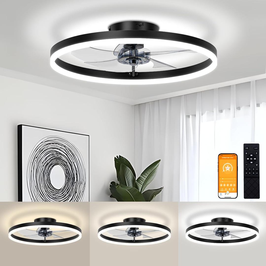 VOLISUN Low Profile Ceiling Fans with Light and Remote,19.7in Fandelier Ceiling Fan with Lights, 3000K-6500K Dimmable Flush Mount LED Fan Light, Black Bladeless Ceiling Fans with Lights for Bedroom