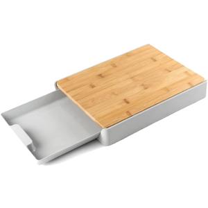 Cutting Board with Base Tray,Kitchen Bamboo Platter Great Gift for Mothers Day,Multi-Function Pull-Out Cutting Board,Anti-Skid And Hangable (Gray)