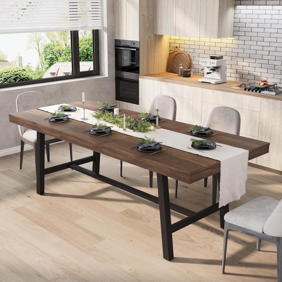 GarveeHome 63-83" Extendable Dining Table, Industrial Rectangular Dining Room Table for 6-8 People, Expandable Kitchen Table with Heavy Duty Metal Frame for Dining Room, Kitchen & Parties, Brown