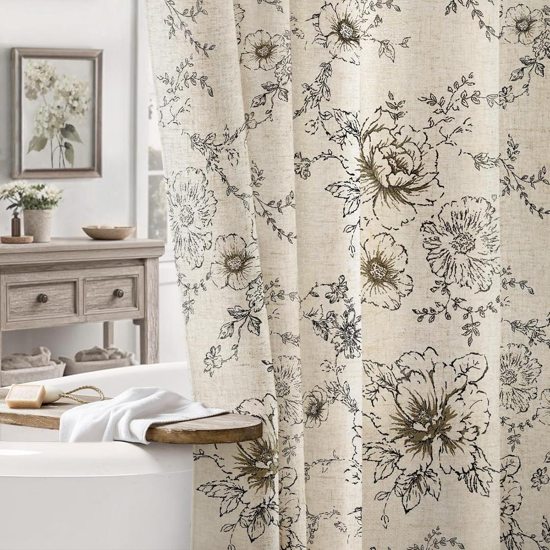 Farmhouse Floral Linen Shower Curtain, Vintage Black Pattern Rustic Shower Curtains for Bathroom, Tan Taupe,72x78