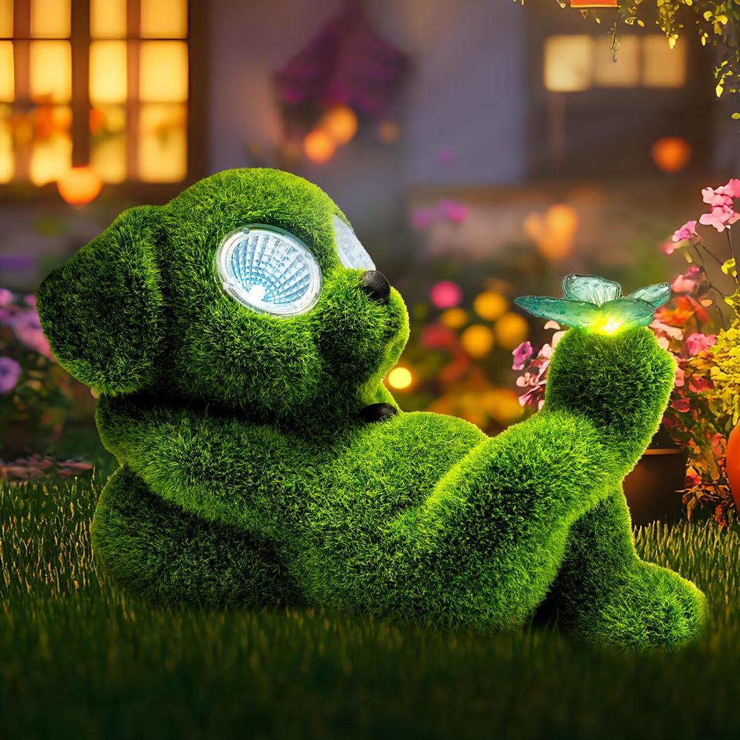 Solar Topiary Dog Garden Statue with Butterfly Garden Decor Clearance for Yard Decorations Outdoor Lawn Ornaments Porch Patio Balcony - Birthday Gifts for Grandma Mom Women