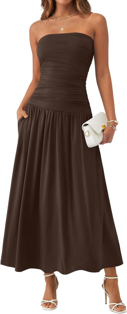 Trendy Queen Women Maxi Strapless Summer Tube Top Dress 2026 Ruched A Line Wedding Guest Long Sundress Spring Beach Outfit, XL