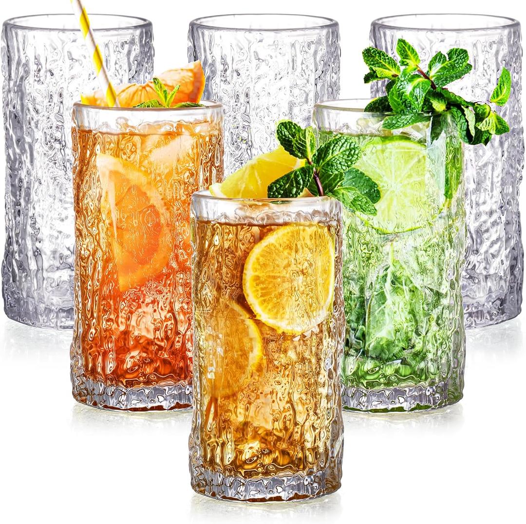 Set of 6 Textured Drinking Glasses, 10 oz Embossed Highball Water Glasses, Iced Tea Beverage Glass Thick Heavy Base, Vintage Glassware Sturdy Drinkware for Juice, Milk, Coffee, Dishwasher Safe