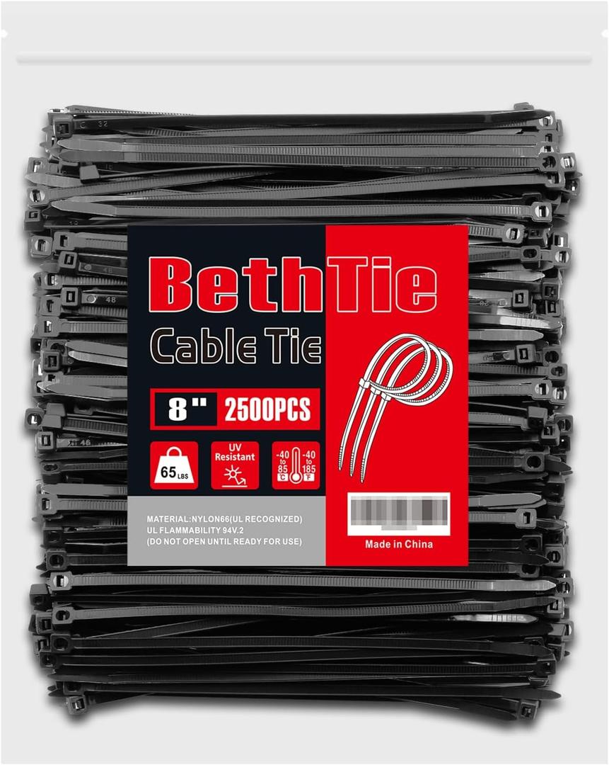 BethTie Black 8 Inch Zip Ties (2500 Pack), 65 LBS Tensile Strength, Self-Locking Nylon PA66 UV Resistant Cable Ties for Indoor and Outdoor Use