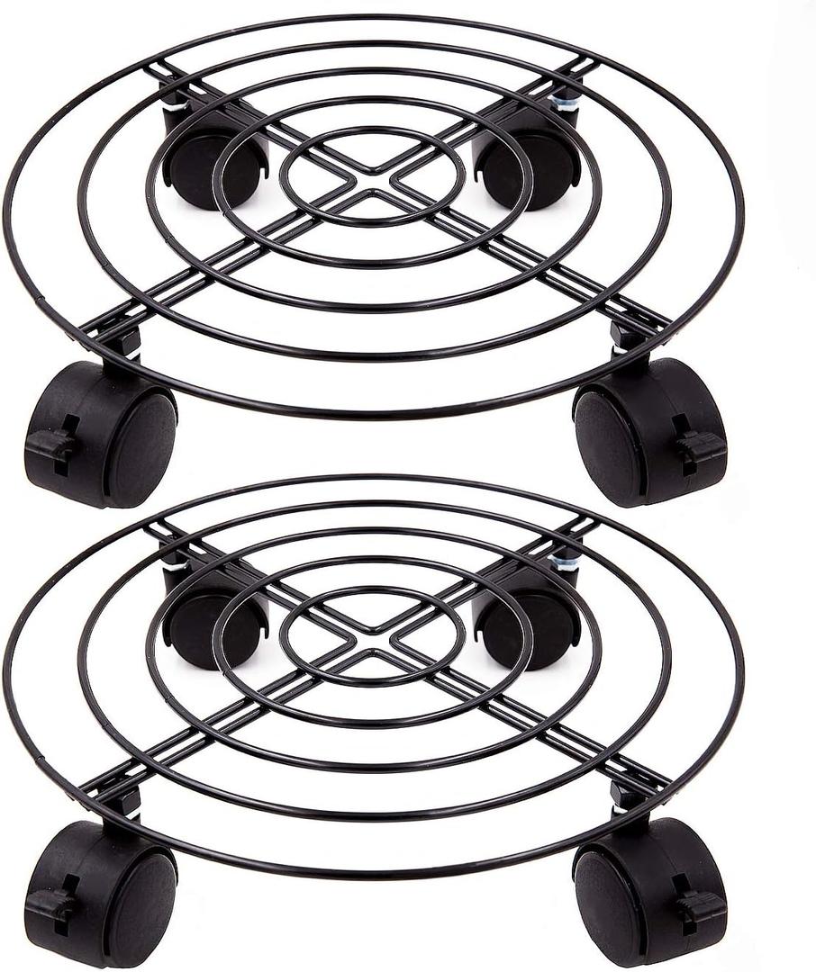 KINJOEK 2 Packs 10.6 In Metal Plant Stand with Wheels, Load Max 110Lbs Round Flower Pot Plant Caddy Outdoor with 360 Rolling Casters for Indoor, Home, Garden, Black