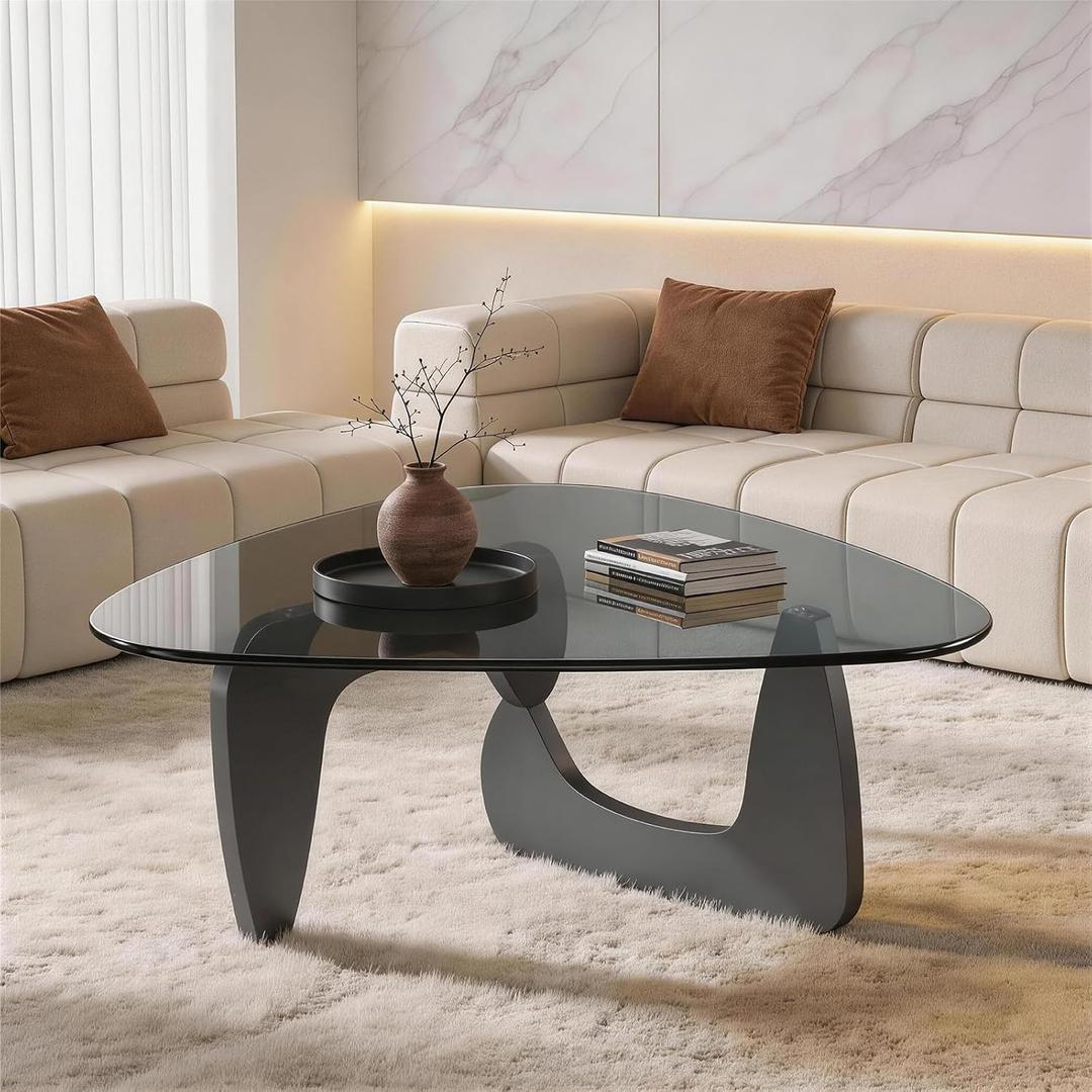 Small Triangle Coffee Table for Living Room, Modern Geometric Design, Black Wood Base with Frosted Blue Glass Top, Minimalist Sofa Side Table, Ideal for Small Spaces,31 Inch, 31.5" L× 22.4" D× 15.8"H