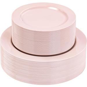 FLOWERCAT 100PCS Pink Plastic Plates - Heavy Duty Pink Party set Disposable serve for 50 guests -10.25inch Dinner + 7.5inch Dessert/Salad Plates for Easter,Mother's Day