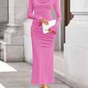 ZESICA Women's 2026 Fall Long Sleeve Ruched Knit Bodycon Maxi Dress Cowl Neck Back Slit Formal Wedding Guest Cocktail Dresses (Pink, S)