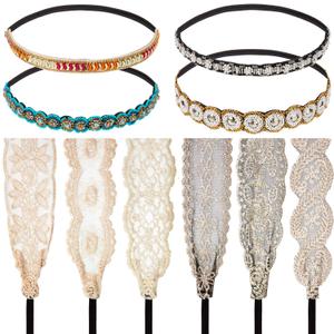 WILLBOND 10 Pieces Rhinestone Beaded Headbands Elastic Elegant Lace Handmade Headwraps Wide Hair Bands Vintage Crystal Jewelry Hairbands for Women Hair Accessories
