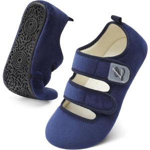 LeIsfIt Womens Slippers Adjustable Diabetic Slippers Wide Soft Arthritis Edema House Shoes Warm Fuzzy Slipper Socks with Rubber Sole (10.5-11, Navy)