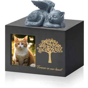 Cat Urns for Ashes, Tree Pattern Wooden Keepsake with Photo Frame, Pet Urn Memory Box with Resin Animal Statue and Sealed Storage Bags (75lbs) Black
