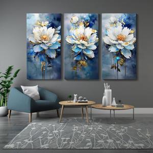AJAZIKO Large Floral Wall Art - Modern Abstract Flower Canvas - Navy Blue 3 Piece Wall Art - Bedroom Artwork - 24x48in
