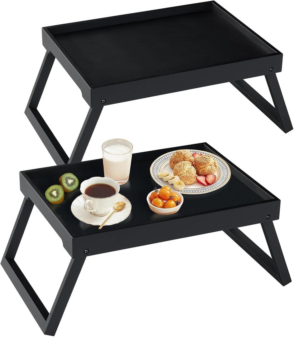Bamboo Bed Tray Table with Folding Leg, Breakfast for Eating, Kitchen Serving, Food,Sofa, Snacking, Laptop Desk Dinner,2 Pack (Black)