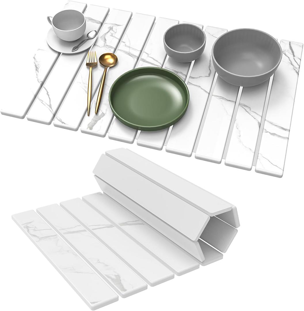 Stone Dish Drying Mat for Kitchen Counter - 24" L16" W Large Foldable Marbled Collapsible Quick Drying Dish Mats, Ultra Absorbent Diatomaceous Earth Mats for Kitchen Dishes Bottles Cups Bathroom