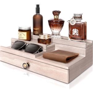 EOSAHR Farmhouse Cologne Organizer for Home Decor - 3 Tier Cologne Stand with Hidden Compartment and Storage Drawer - Perfume Stand Organizer for Bedroom and Dresser (Natural)