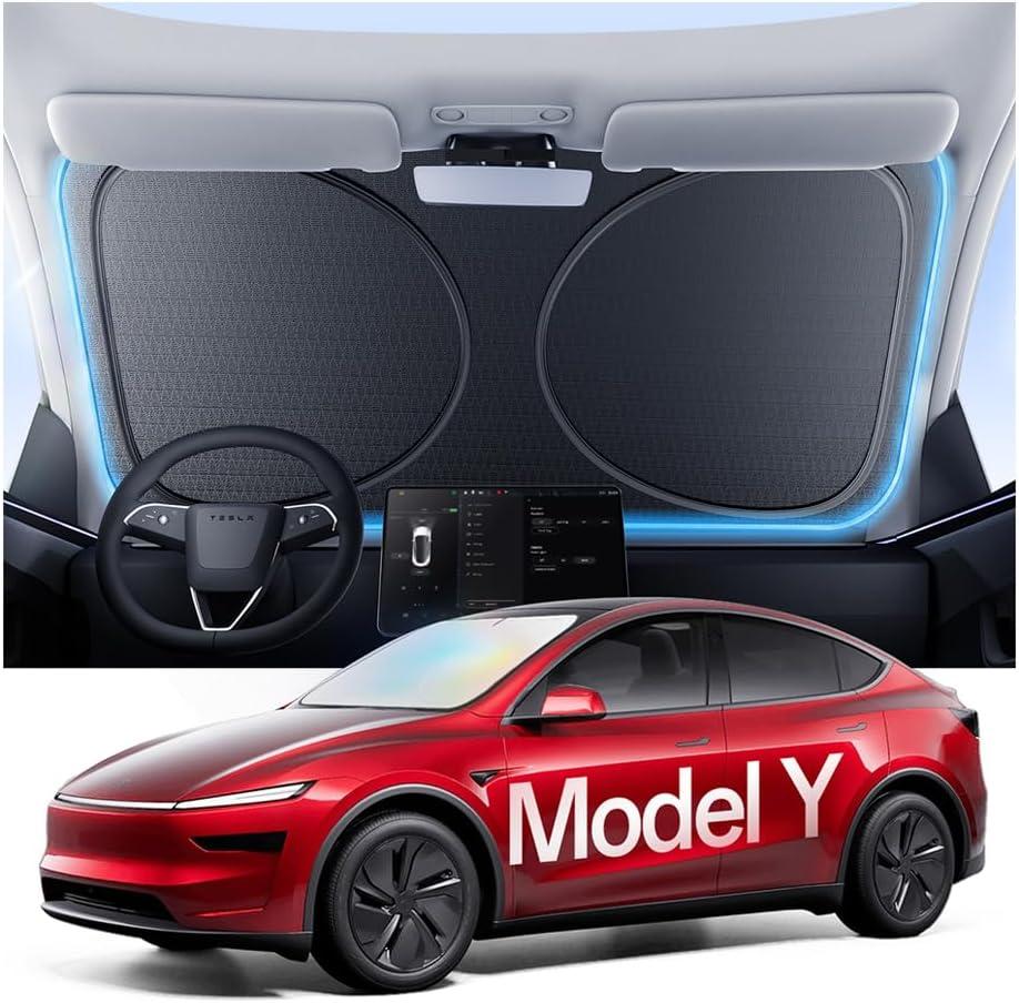 Windshield Sun Shade for Tesla Model Y 2020-2026 (Juniper), 100% UV Block & Heat Insulation, Custom Fit Sunshade, Foldable Car Sunshade with Storage Bag, Protect Interior Accessories