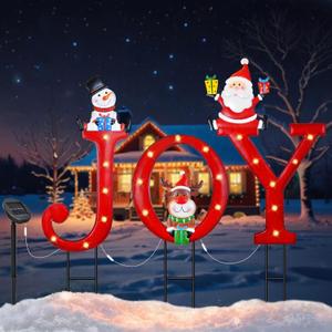 Outdoor Christmas Decorations, Solar Lighted Joy Snowman Reindeer Santa Claus Yard Sign Garden Stakes Xmas Holiday Decor for Patio Lawn Outside