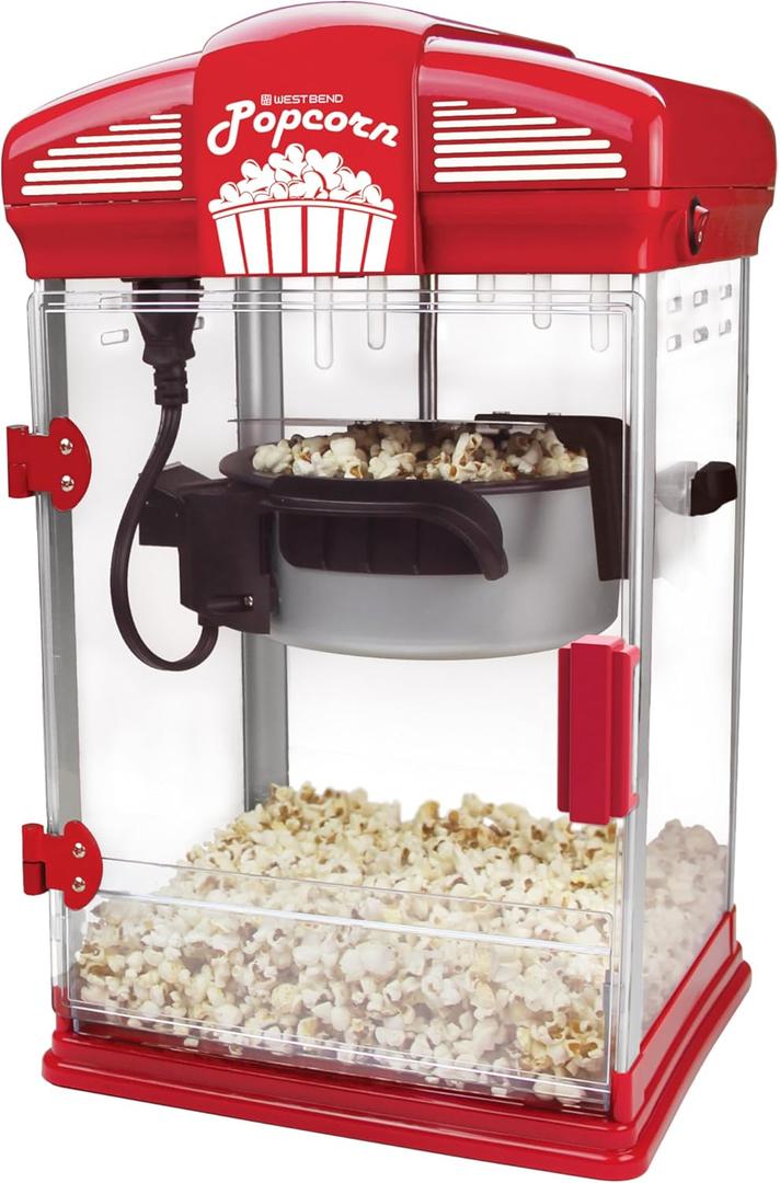 West Bend Theater Crazy Movie Theater Popcorn Popper, Gourmet Popcorn Maker Machine with Nonstick Popcorn Kettle, Measuring Tool and Popcorn Scoop for Popcorn Machine, 4-Qt., Red