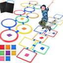 2 Sets of 2 in 1 Hopscotch and Beanbag Toss Kit Include Hopscotch Ring Game Set and Squares Set 8 Pcs Beanbags for Indoor Game Outdoor Agility Portable Summer Conditioning Agility Training