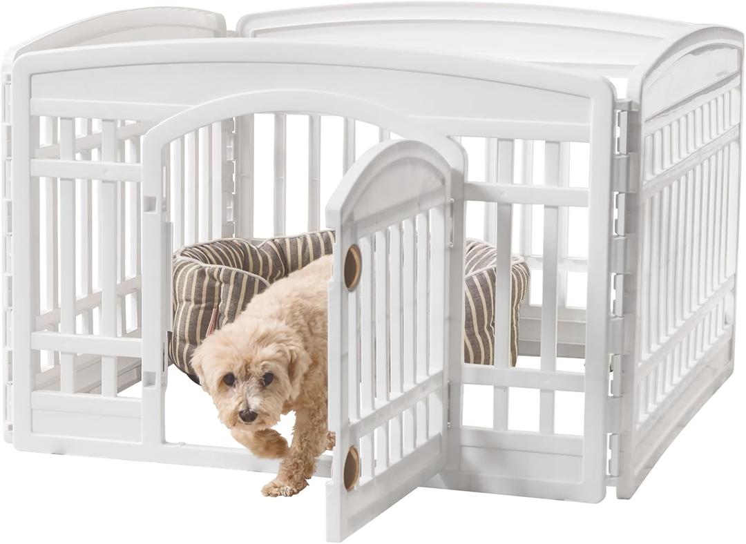 IRIS USA 24" 6-Panel Pet Dog Puppy Playpen with Door, For Puppy Small Dogs Keep Pets Secure Easy Assemble Easy Storing Customizable Non-Skid Rubber Feet, White (24" H, White)