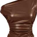 Milumia Women's Ruched Crop Top Asymmetrical Neck Faux Leather One Shoulder Tank Tops (Large)