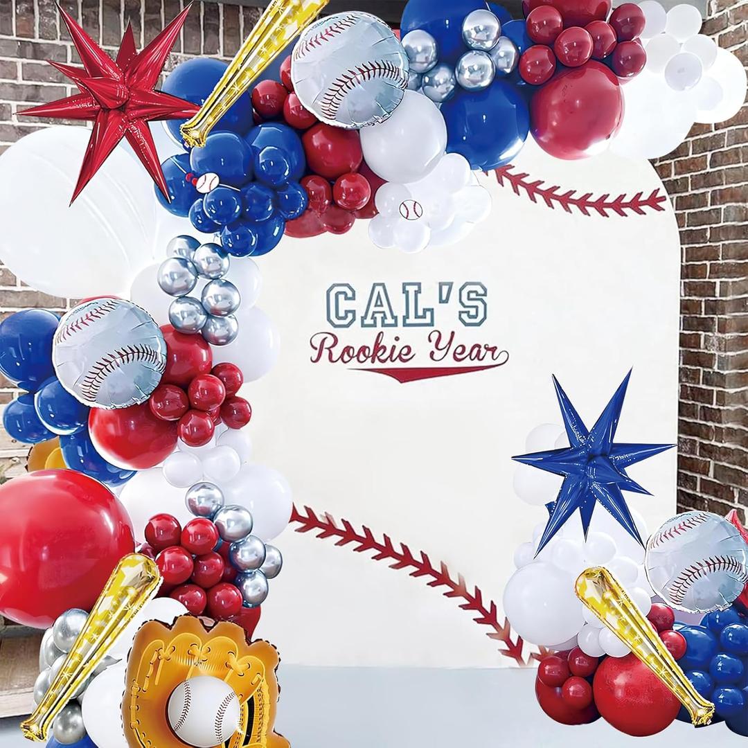 150pcs Baseball Balloons Garland Arch Kit,Red Blue White Silver Latex Balloons With Baseball Foil Balloons for Boys Baseball Party Baby Shower Supplies