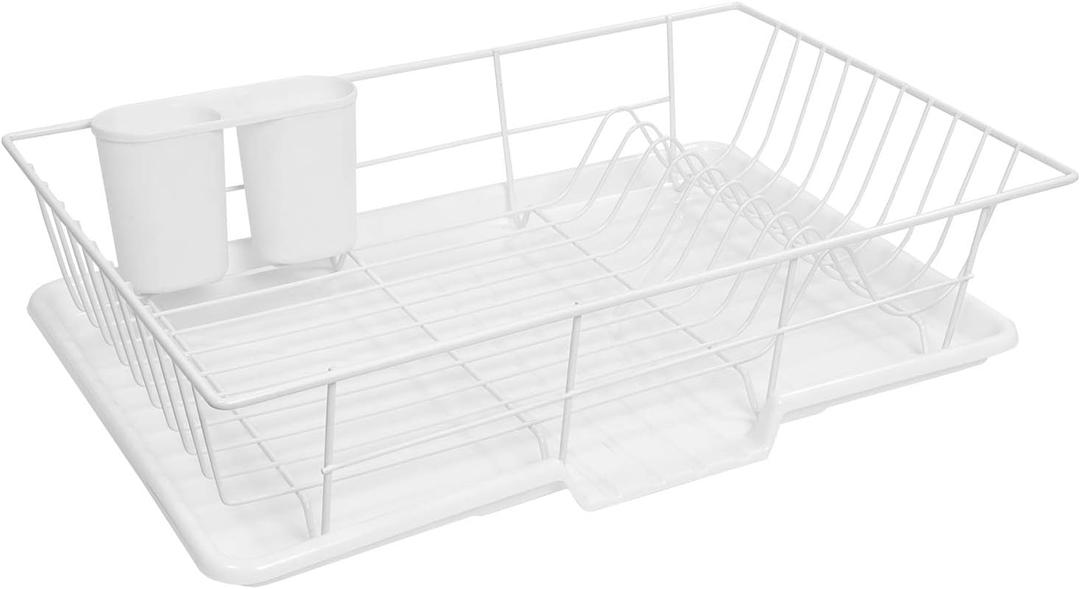 Space-Saving 3-Piece Dish Drainer Rack Set: Efficient Kitchen Organizer for Quick Drying and Storage - Includes Cutlery Holder and Drainboard - Maximize Countertop Space, White