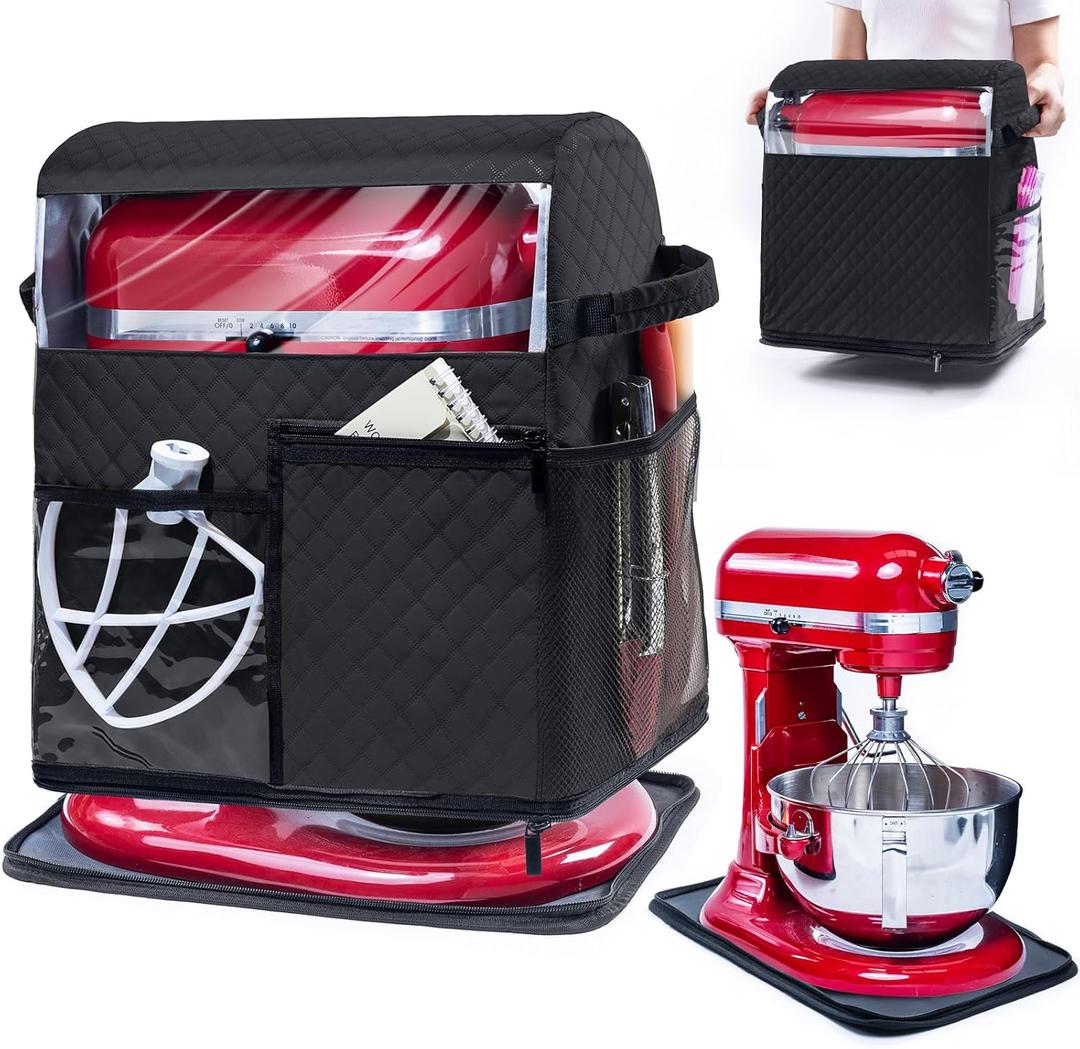 BAGSPRITE Stand Mixer Cover with Detachable Appliance Sliders Base Compatible with KitchenAid Mixer-Storage Bag for 4.5/5 Quart with Pockets for Kitchen Aid Accessories and Attachments (Black)