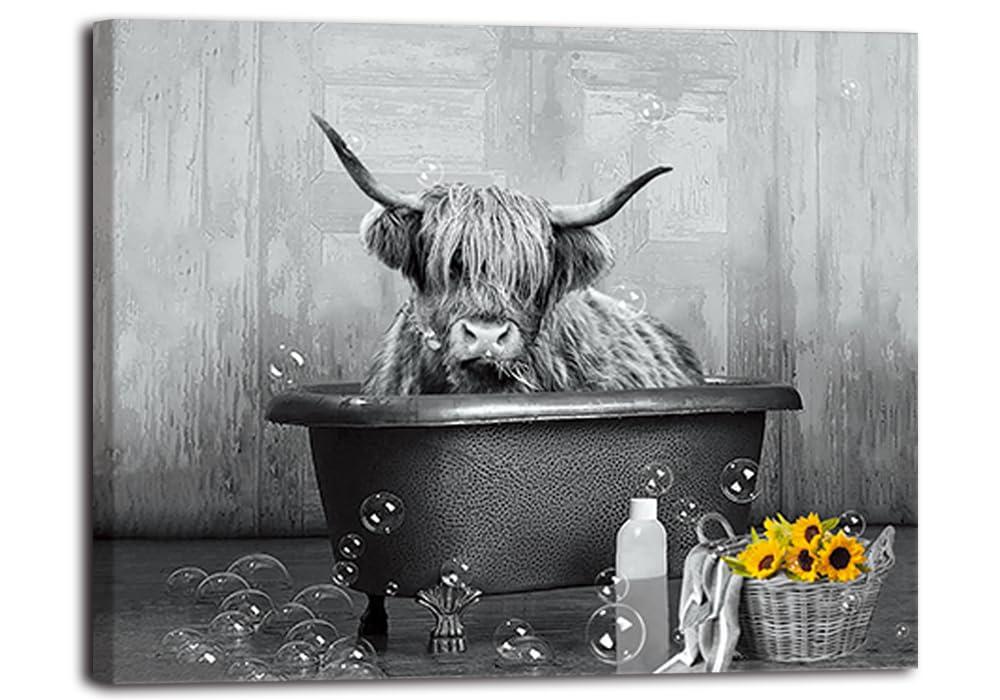 Highland Cow Wall Art Black and White Canvas Prints Highland Cow Picture Farmhouse Bathroom Decor 16x20inch