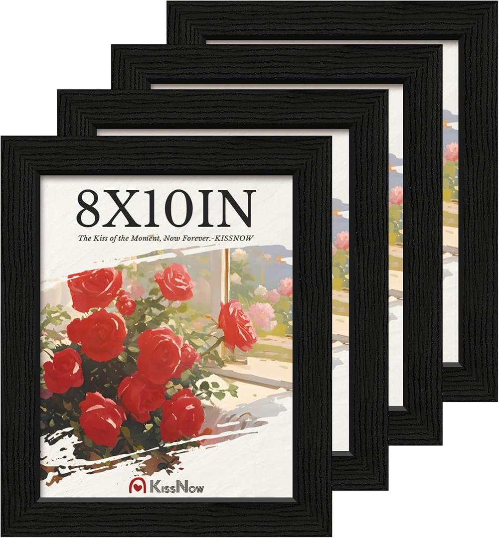 8x10 Picture Frame 4 Pack, Black Solid Wood Gallery Photo Frame, Wall Hanging or Tabletop Display