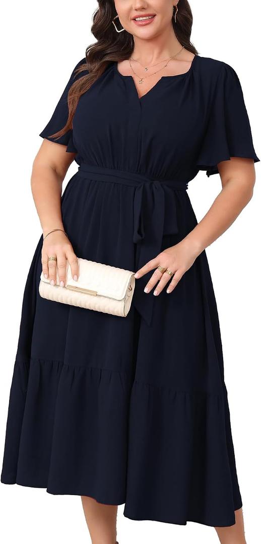 Womens Plus Size Wedding Guest Dresses Summer V Neck Short Sleeve Belted Ruffle Hem A-Line Flowy Midi Dress (Blue, XXXL)