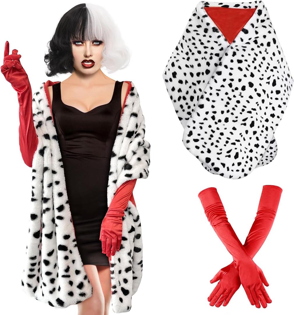 Apragaz 2 pcs Halloween Costume for Women, Dalmatian Shawl with 1920s Red Gloves for Halloween Cosplay Party (One Size)