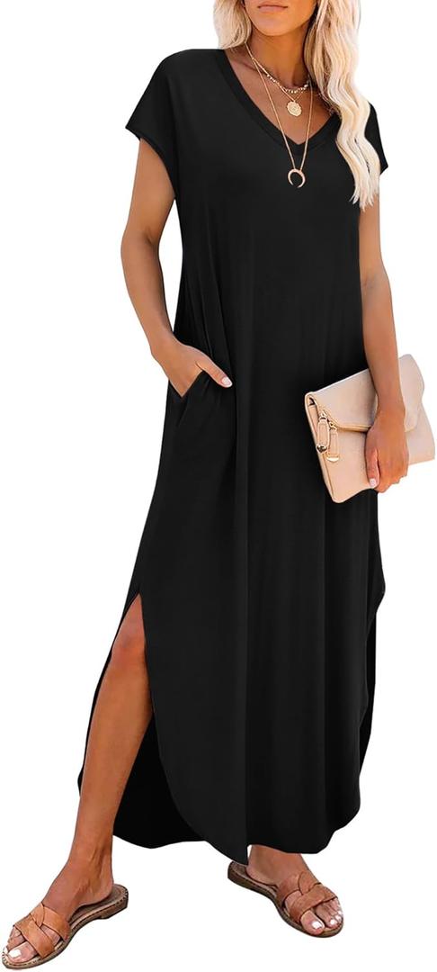 Summer Casual Maxi Dresses for Women Cap Sleeve Long Sundress with Pockets (Black, XXL)