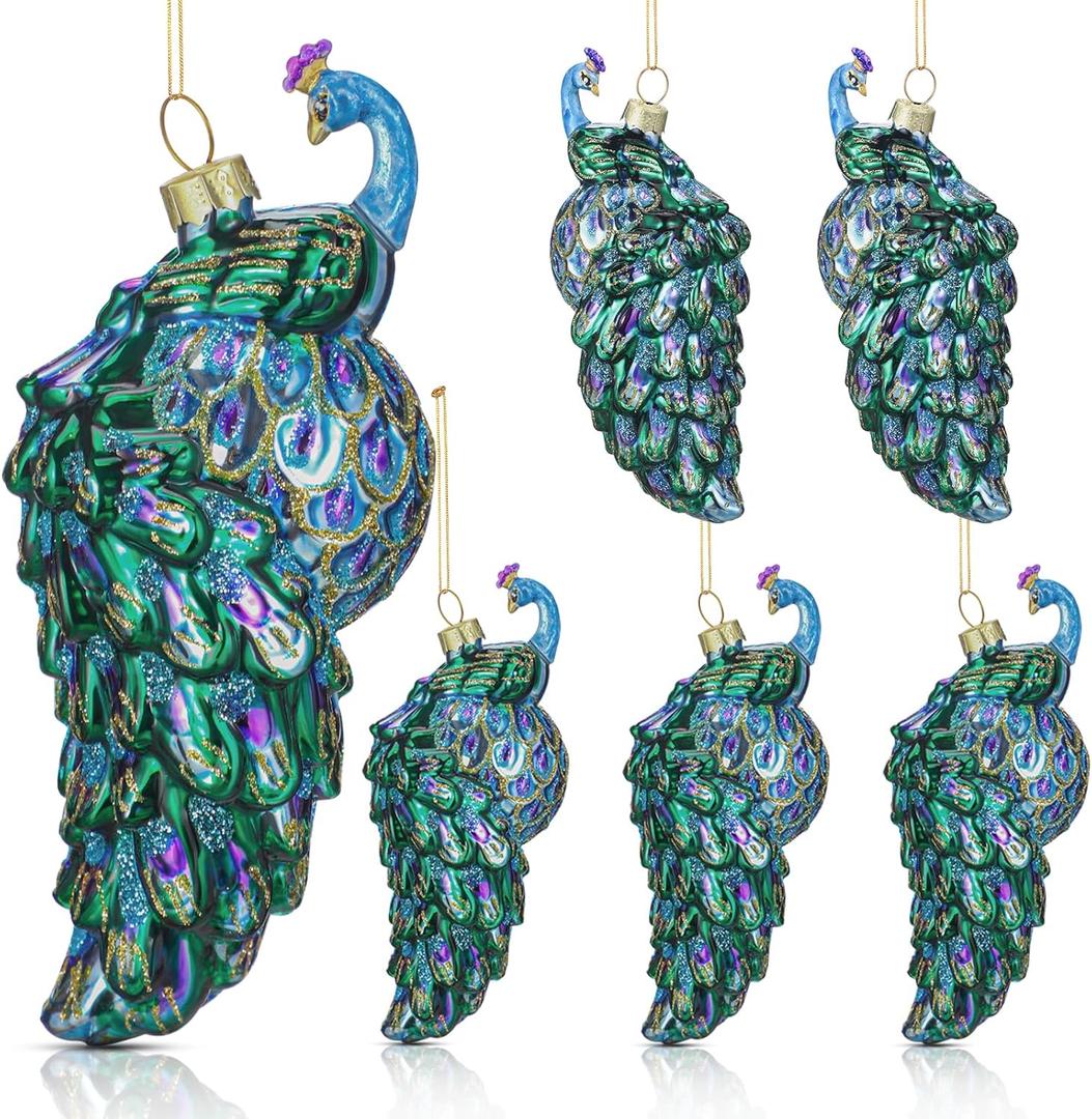Funtery 6 Pcs Peacock Christmas Ornament 2.76" Vintage Glass Christmas Ornaments Purple Peacock Glitter Bird Decorations for Xmas Trees Wreaths Garland Farmhouse Home Decor