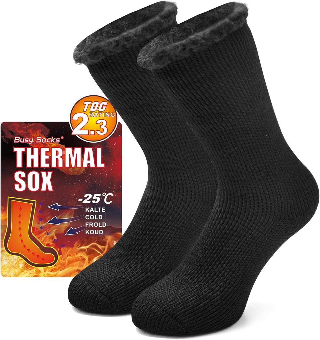 Busy Socks Winter Warm Thermal Socks for Men Women Extra Thick Insulated Heated Crew Boot Socks for Extreme Cold Weather (Medium, 1 Pair Black)