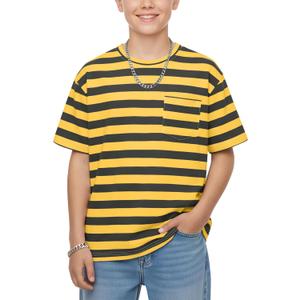 Boys Oversized Striped T-Shirt with Chest Pocket Short Sleeve Crew Neck Casual Summer Tee for Boys 5-14 (Black)