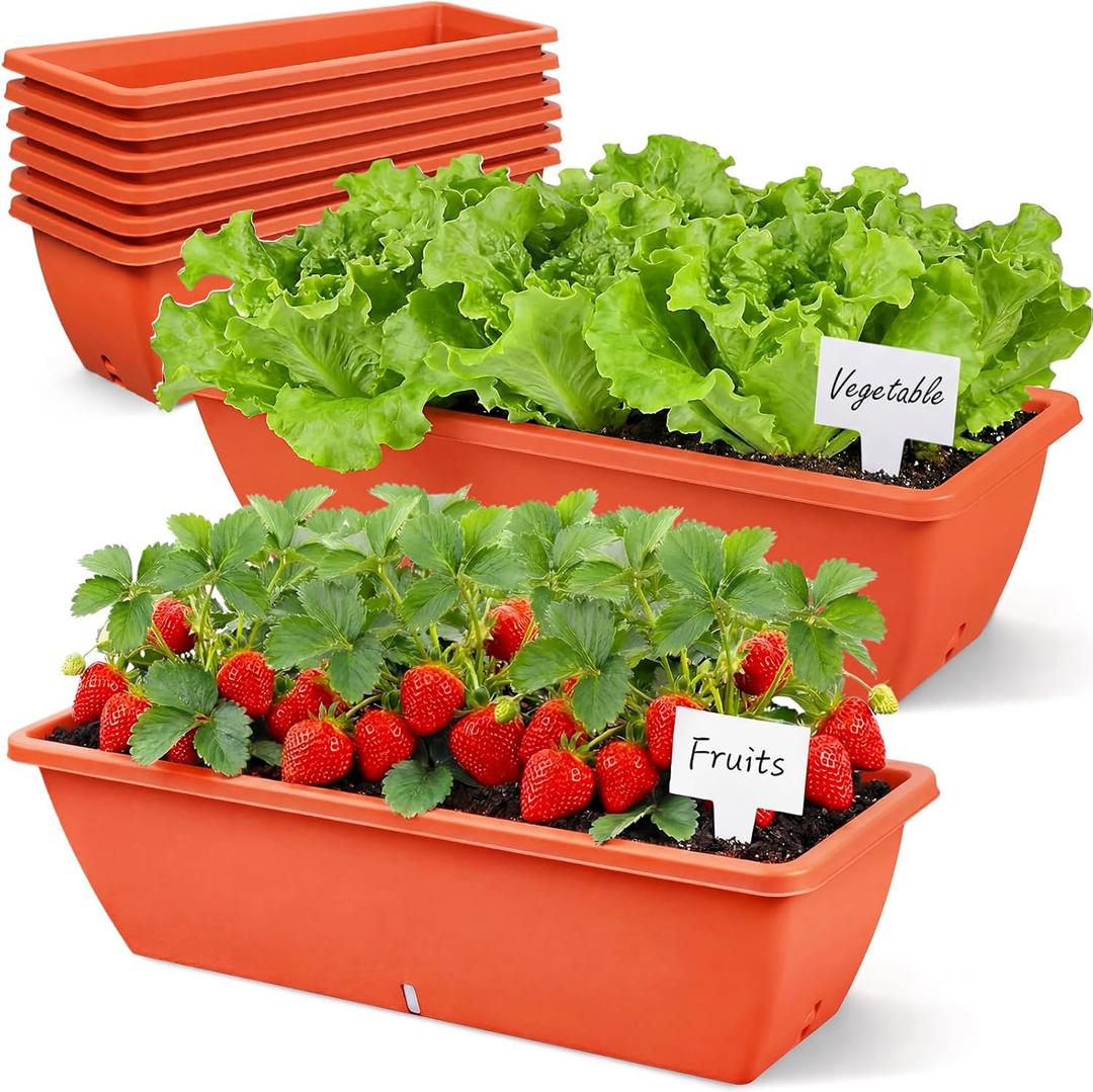 8 Pack 24 Inches Plastic Flower Window Box Planters with Water Absorbing Net Drainage Holes & Visible Water Level Window, Rectangular Vegetable Flower Pots for Indoor Outdoor Garden(Red)