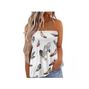 NILOINE Women Pleated Ruffled Backless Tube Tops Sleeveless Smocked Bandeau Tank Summer Floral Print Strapless Shirts XXL