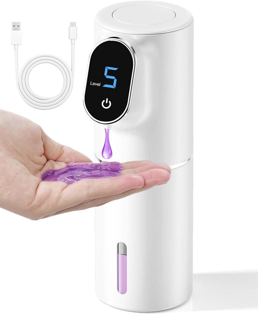 Hand Soap Dispenser,Touchless Soap Dispenser Bathroom Kitchen,Automatic,Hands-Free,Rechargeable,5-Level Adjustable,LED Screen Display,320ML 10.8OZ(Gel-White)