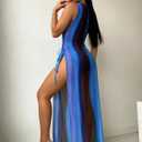 Women's Sheer Mesh Swimsuit Bikini Bathing Suit Cover Up Sexy Double Slit See Through Flowy Beach Long Dress Blue