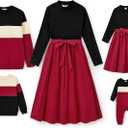 PATPAT Family Matching Outfits for Fall Winter Long Sleeve Women Dresses and Sweatshirts Sets for Holiday Photoshoot (Small, Burgundy)