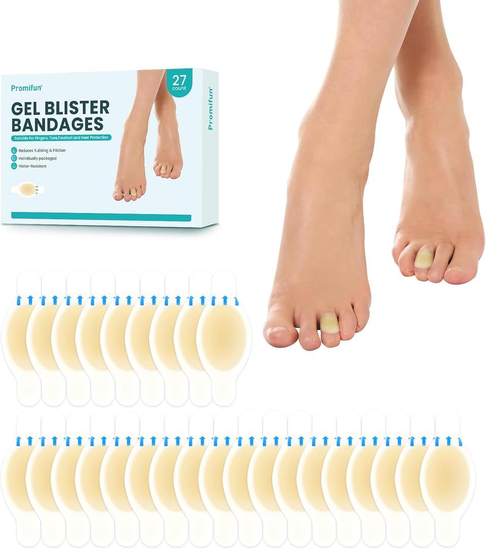 Hydrocolloid Gel Blister Bandages Pads - Promifun Blister Cushions - Water Resistant Hydrocolloid Bandage for Foot, Toe, Heel - Gel Blister Bandages for Prevention & Recovery (27 ct, Toe Pack)