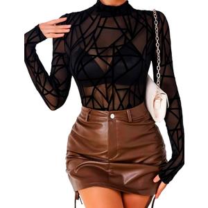 Mesh Top for Women Long Sleeve Mock Neck Mesh Shirt Sheer Top Solid Floral Tee Shirts S-XXL (Black Grid Pattern)