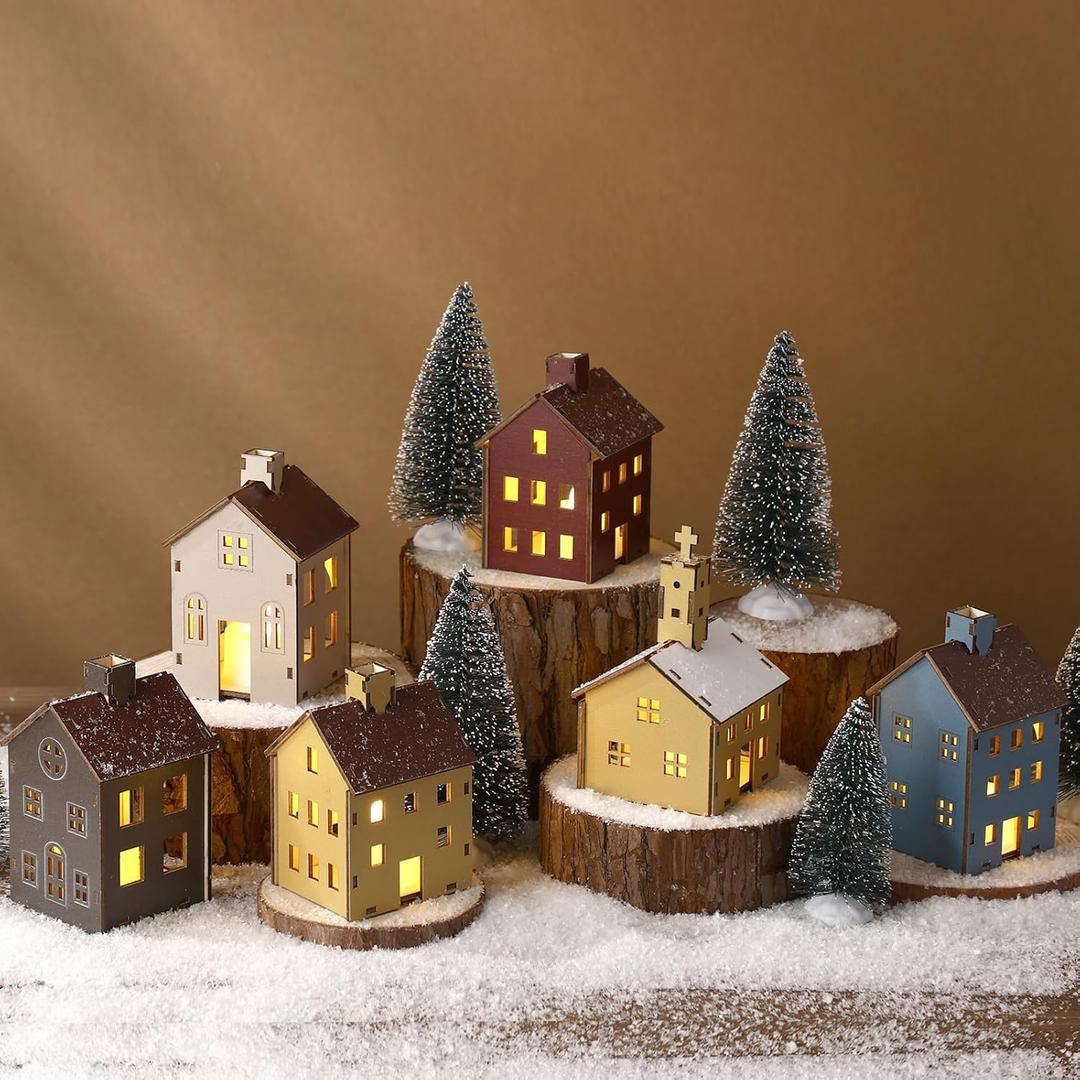 Yalikop 18pcs Winter Wooden Village Set Colorful Houses and Multicolored Church with Electronic Candle Light and Tree for Winter Party Supplies and Holiday Figurines Gift