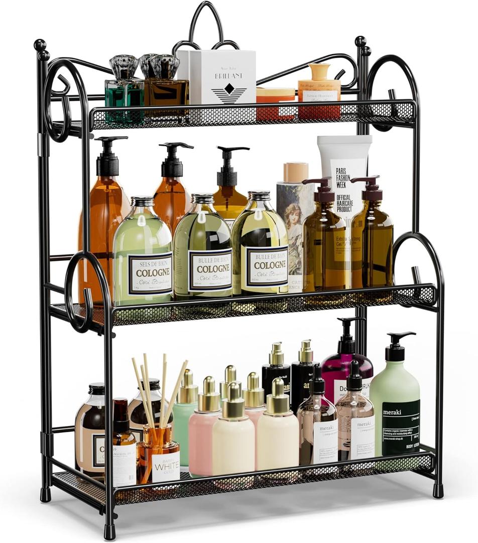 Bathroom Organizer Countertop - 3 Tier Spice Rack Organizer, Counter Organization and Storage for Bathroom, Kitchen, Bedroom, Offices, Foldable (Black)
