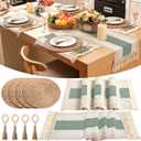 Set of 4 Boho Round Woven Placemats, Wood Bead Napkin Rings, Long Table Runner Macrame Style Bicolor Stitching, Farmhouse Rustic Placemats Natural Burlap Cotton for Dining Wedding Party Decor (Green)